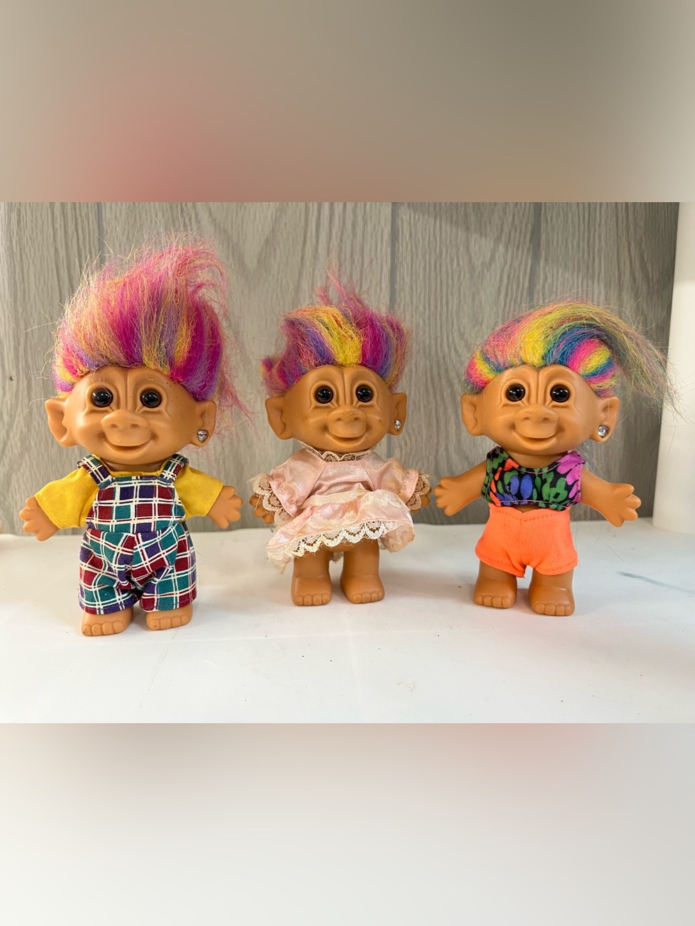 3 Bright of America Troll Doll Plaid Overalls Rainbow Hair Earring 90s Clothes